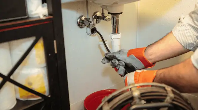 Drain cleaning technician using a motorized plumbing snake to clear a clogged sink pipe in Naperville, IL