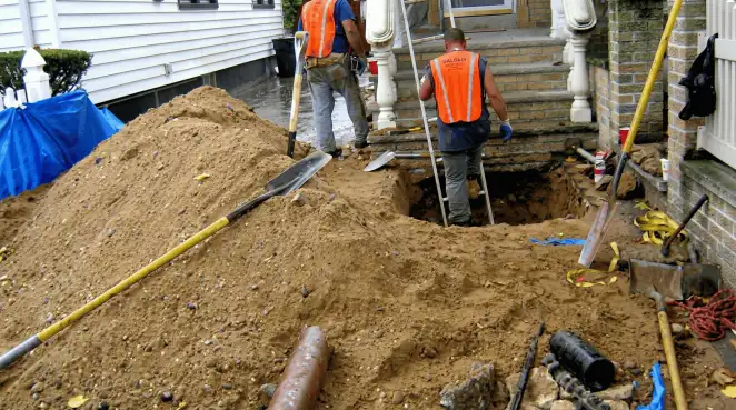 Contractors performing foundation protection and exterior drainage excavation near residential home steps in Naperville, IL